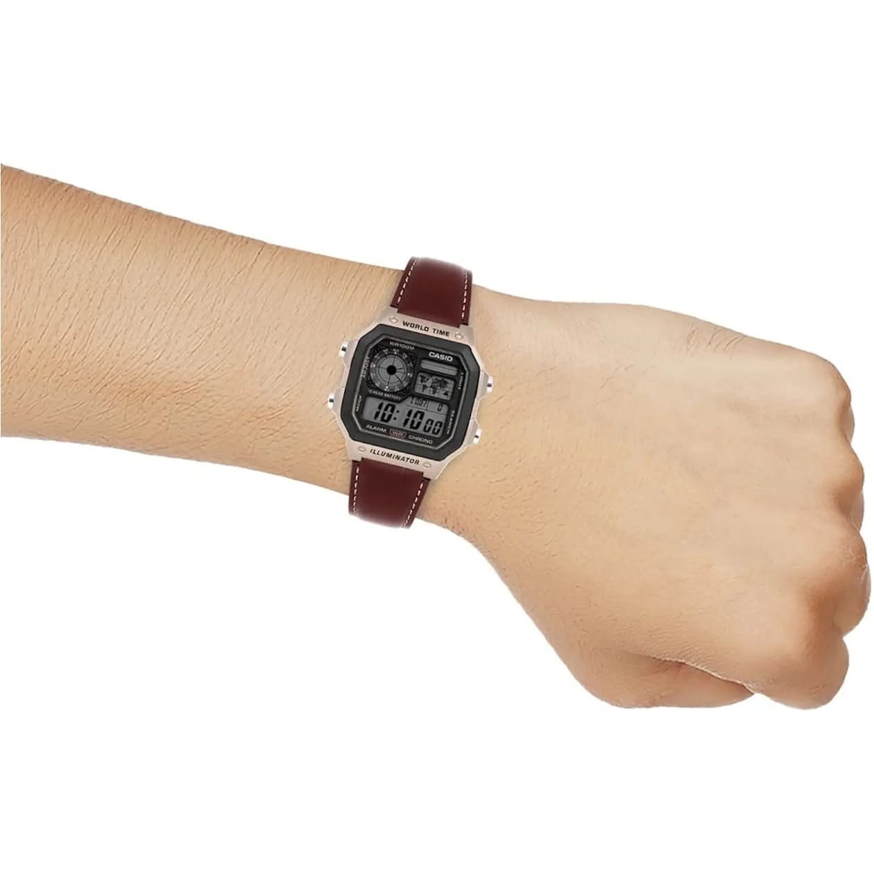 Casio World Time Digital Watch with brown Leather Strap - Image 5