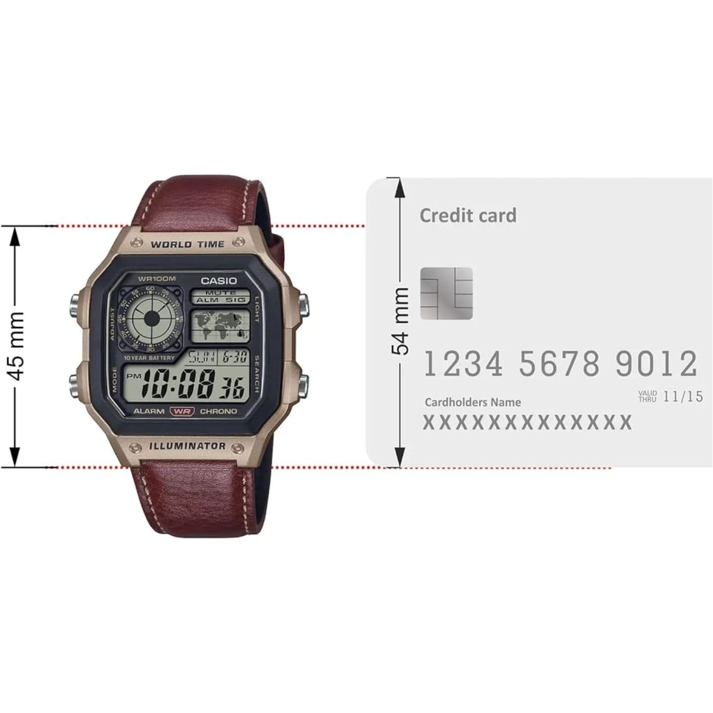 Casio World Time Digital Watch with brown Leather Strap - Image 6
