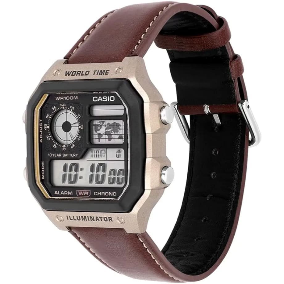 Casio World Time Digital Watch with brown Leather Strap - Image 7