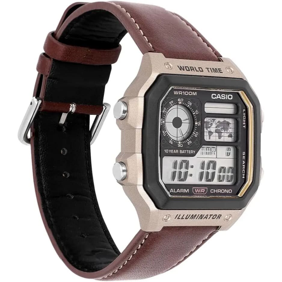 Casio World Time Digital Watch with brown Leather Strap - Image 8