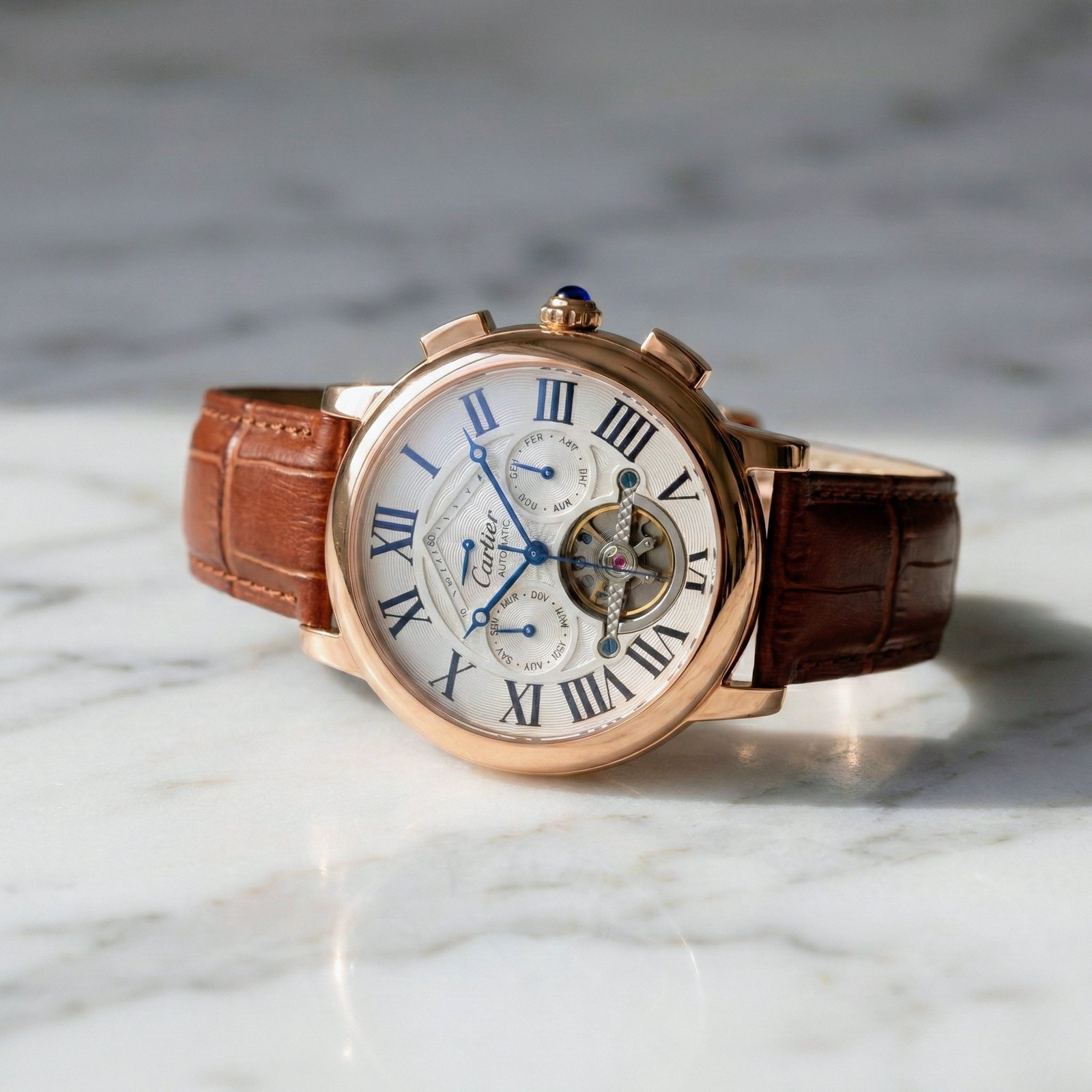 Cartier Tourbillon Rose Gold Blue Roman Dial Leather Watch – Ultra Luxury Edition - Image 5