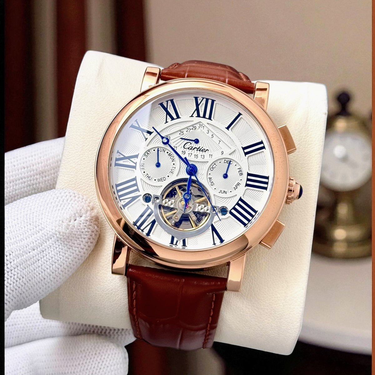 Cartier Tourbillon Rose Gold Blue Roman Dial Leather Watch – Ultra Luxury Edition - Image 6